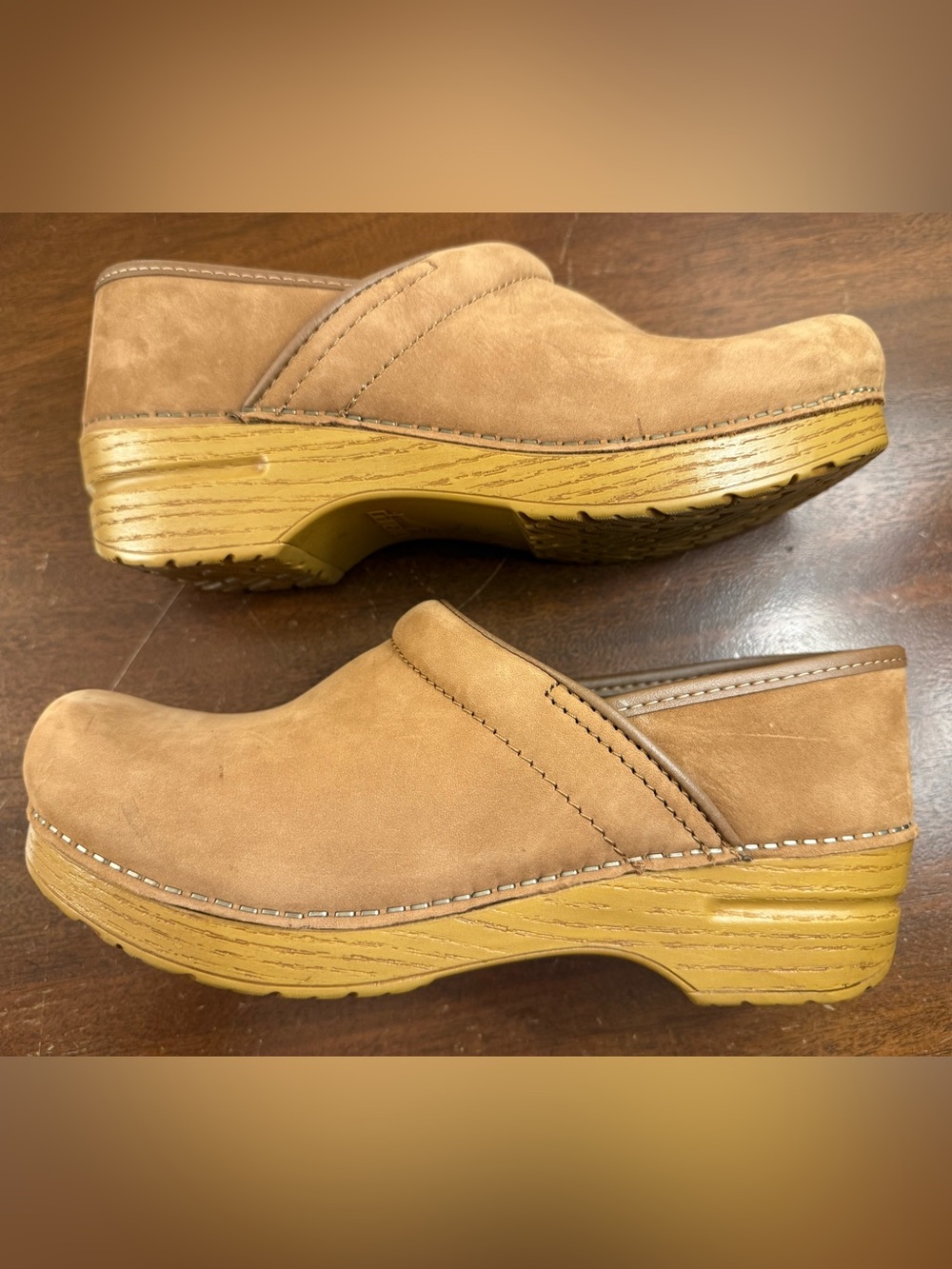 Dansko Pro Clogs Light Tan Suede Honey Distressed Heel